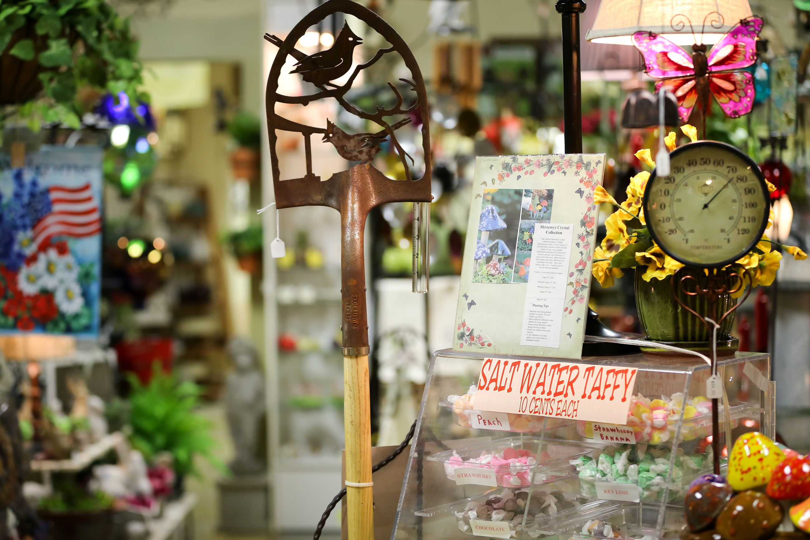 garden tools and decor - inside of shop